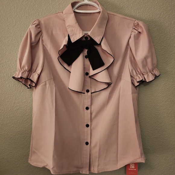 SHEIN Pale Pink with Black Contrast Binding Bow Front Puff Sleeve Size S - Picture 3 of 8